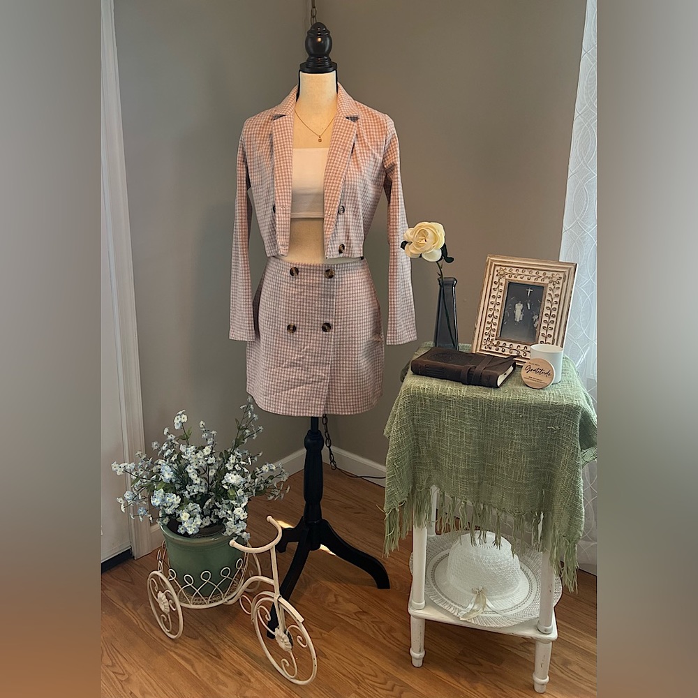 Plaid Blazer and Skirt Set
